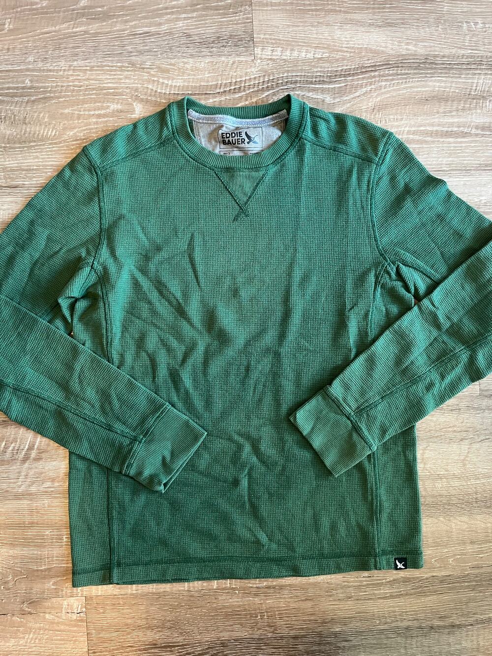 Eddie Bauer Men's Small Green Waffle Knit Long Sleeve Crew Neck Tee Cotton Blend